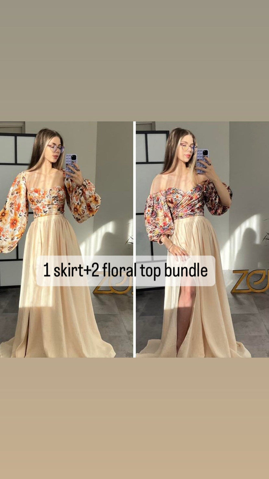 Ready to Ship 2 Floral tops+ 1 Beige Skirt for Photoshoot - Pregnancy - maternity clothes - ZeBu Be You