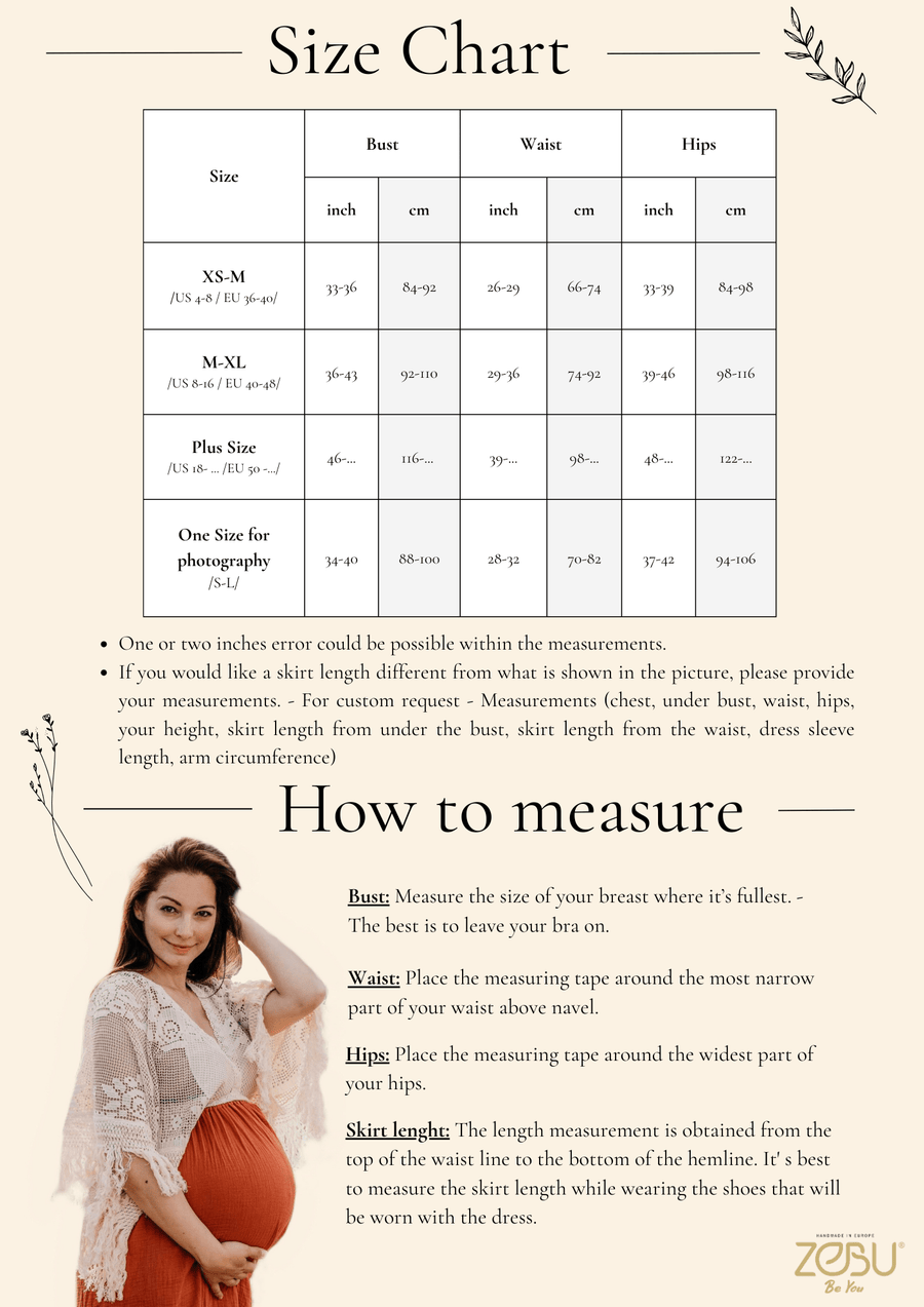 Size Chart - Flower Fairy Maternity Tulle Unique Boho Dresses (included nude bodysuit) - Pregnancy - maternity clothes - ZeBu Be You